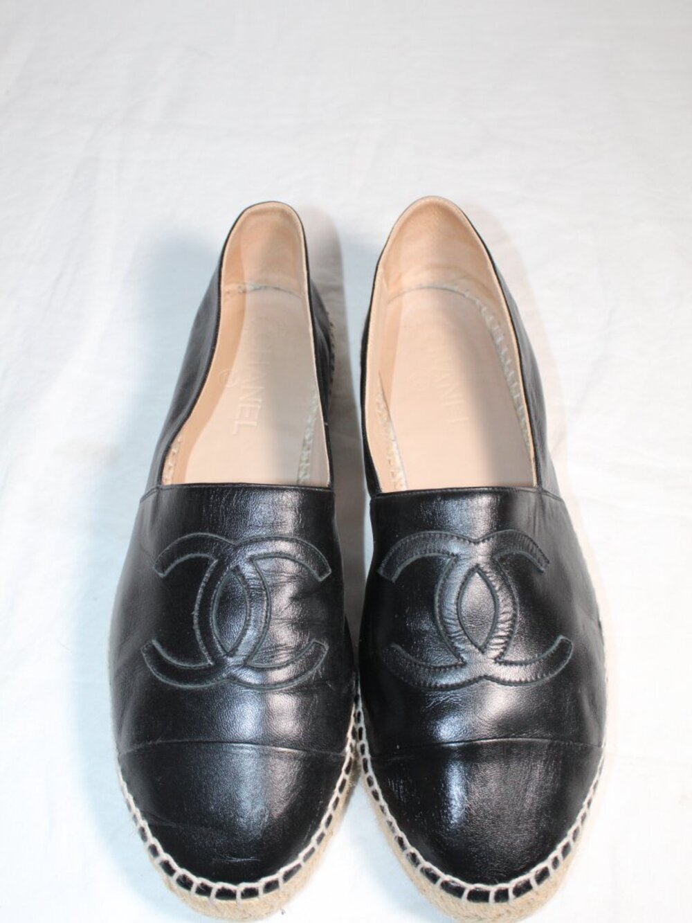 Chanel Interlocking CC Logo Black Leather Espadrilles Flats Loafers 42